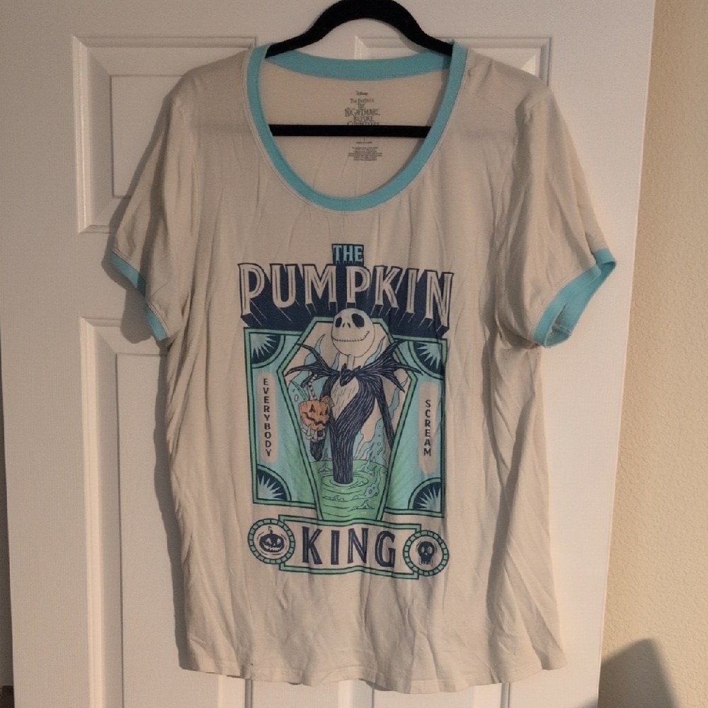 Disney White Tee with Light Blue Trim Pumpkin King Graphic
